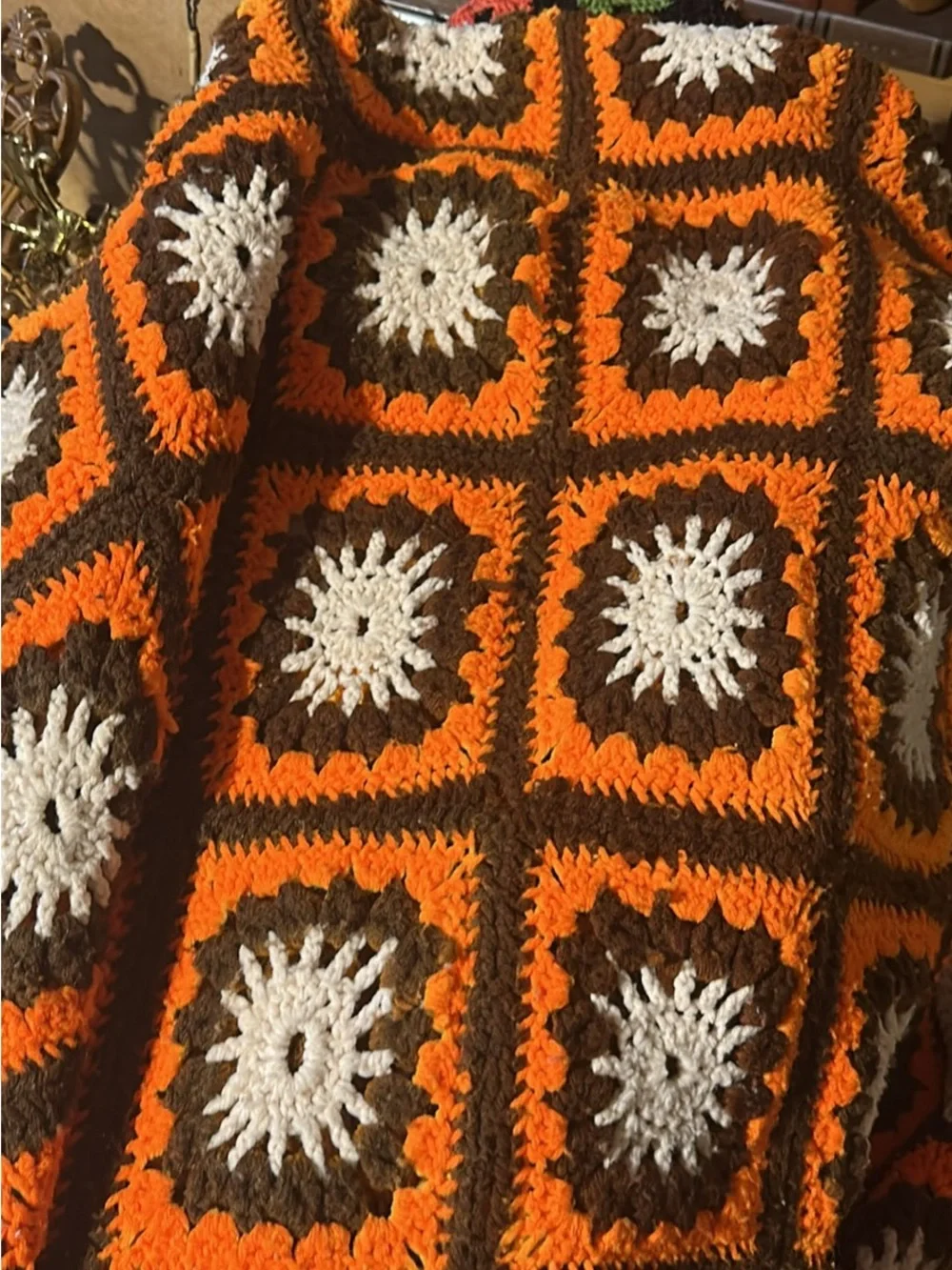 Vintage Handmade Multicolor Crochet Throw Blanket - Blue, Orange, Black- afghans